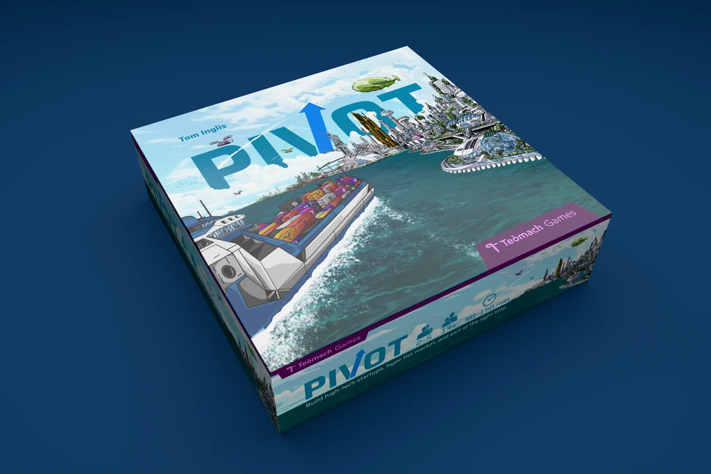 The Pivot board game box — a near-future cityscape with a cargo ship and the PIVOT logotype