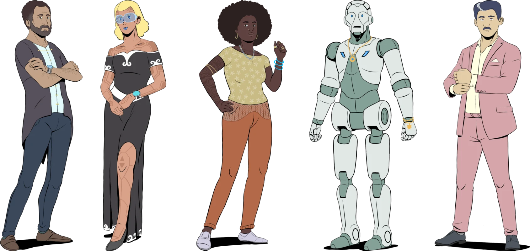 The cast of Pivot — five entrepreneurs of 2077, including Oscar the robot