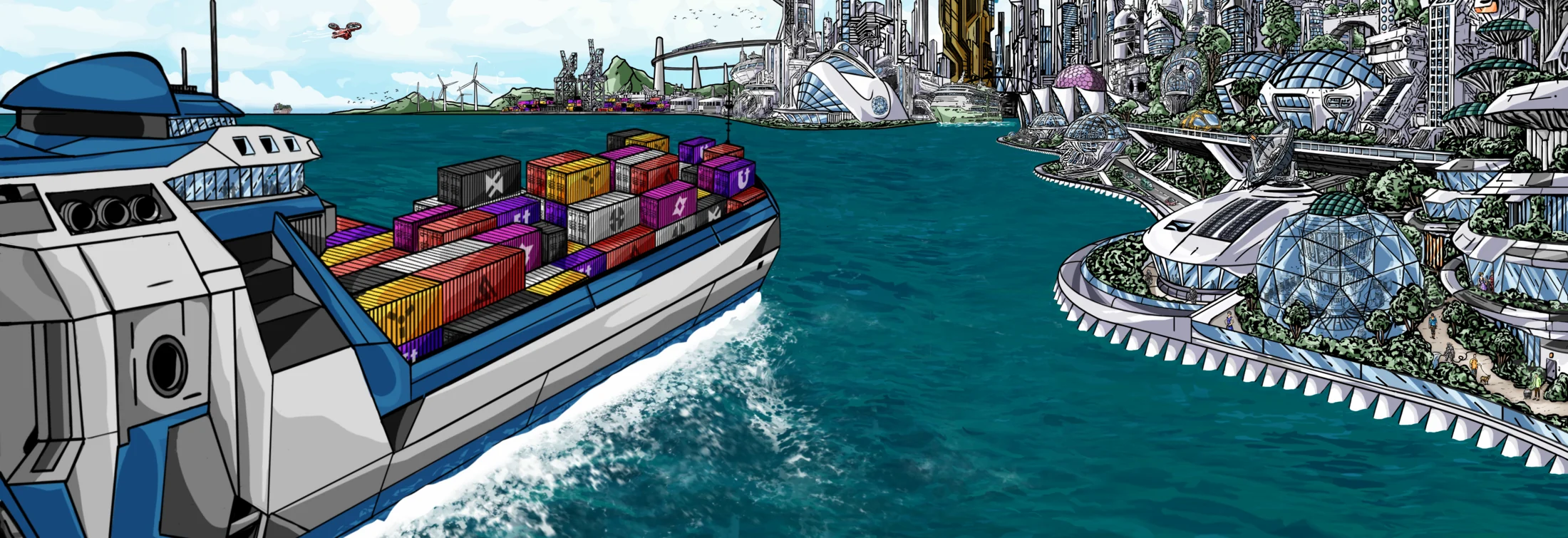 Pivot cover art: a container ship steams past a near-future floating city across a wide open sea