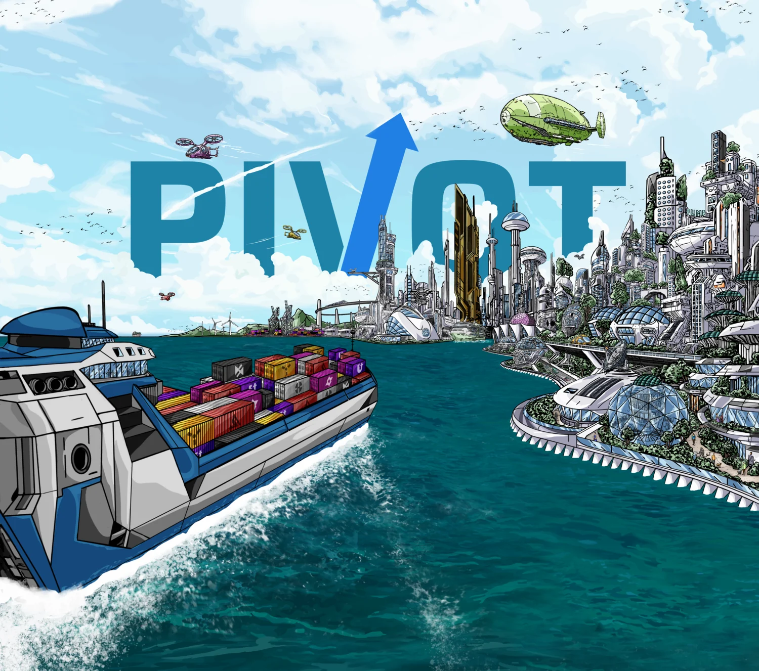 Pivot cover art — competing tech cities across a near-future sea, with the PIVOT logotype